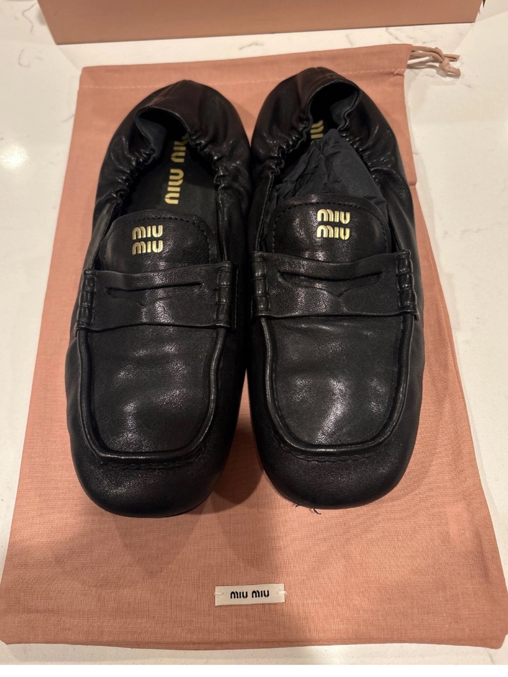 Miu Miu Black nappa Leather Ruches Loafers with gold logo size 39 with box - Picture 4 of 16